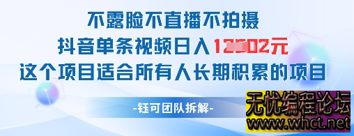 不露脸不直播不拍摄抖音单条视频日入1k+这个项目适合所有人长期积累的项目  6690 无忧技术吧www.92wuyou.cn