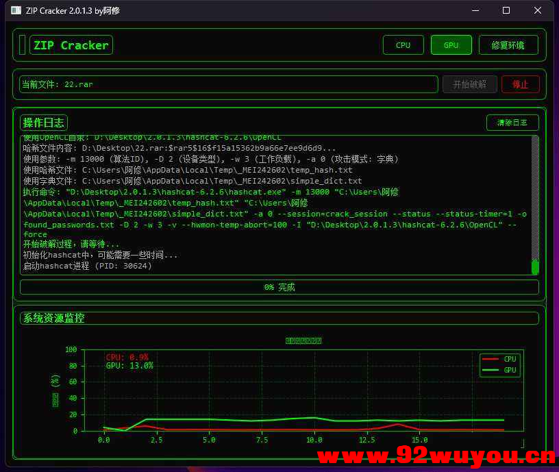 压缩包密码破觧工具 支持ZIP, RAR, 7Z,SSH密钥,Office,KeePass  6585 无忧技术吧www.92wuyou.cn